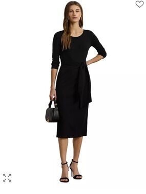 Lauren Ralph Lauren Black Label Tie Front Cotton Blend Crewneck Dress Slit